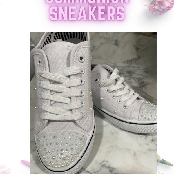 Custom White Pearl Wedding Flower Girl Shoes, First Communion Shoes, Girls Party Shoes, Girls Trainers/ girls bedazzled converse