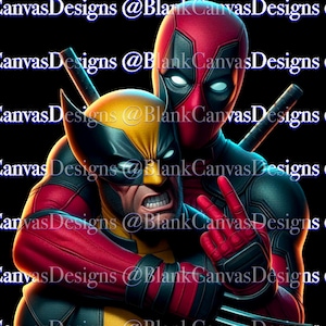 May include: A digital illustration of Deadpool and Wolverine, two popular comic book characters. Deadpool is wearing his signature red and black suit and is giving a peace sign. Wolverine is wearing his yellow and brown costume and has his claws out. The background is black.