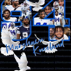 May include: A black graphic design featuring the number 94 in blue, filled with images of a football player. White doves are scattered around the design, with the name "Marghawn Kneeland" in blue script.