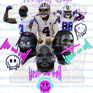 May include: A graphic design featuring several football players in white and blue uniforms. The text "We Dem Boyz" is at the top, with additional text and graphics in pink and teal. The design has a distressed, glitch-art style.
