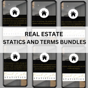 Könnte beinhalten: Eine Collage aus sechs Bildern mit schwarzem Hintergrund und einem weißen Haussymbol in der oberen linken Ecke jedes Bildes. Der Text "Real Estate Statistics and Terms Bundles" ist in goldenen Buchstaben oben auf der Collage. Jedes Bild enthält eine andere Immobilienstatistik.