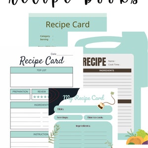 Peut inclure: Livres de recettes imprimables avec différents modèles de fiches de recettes. Les fiches comprennent des sections pour les ingrédients, les instructions et les évaluations. Le schéma de couleurs comprend le bleu sarcelle, le blanc et le noir.