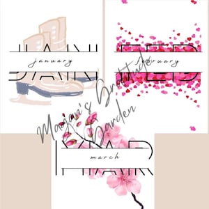 Peut inclure: Trois illustrations représentant les mois de janvier, février et mars. Janvier présente une paire de patins à glace, février a une dispersion de cœurs roses et mars montre une branche de fleurs de cerisier roses.