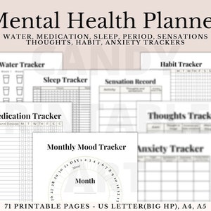 Peut inclure: Un planificateur de santé mentale imprimable de 71 pages. Le planificateur comprend des suivis pour l'apport en eau, les médicaments, le sommeil, les règles, les sensations, les pensées, les habitudes et l'anxiété. Les pages sont conçues en noir et blanc.