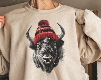 Buffalo Sweatshirt, Funny Bison with Wool Cap, Cute Animal Design Sweater, Bison Winter Outfit, Unisex Crewneck Pullover, Bison Lover Gift
