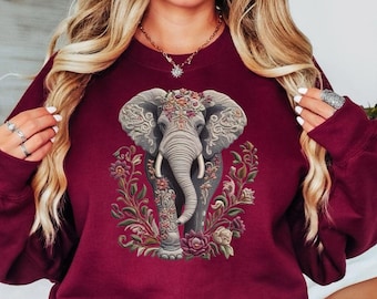 Embroidery Style Elephant T-Shirt, Elephant Sweatshirt, Floral Elephant Sweatshirt, Elephant Lover Sweatshirt, Animal Lover Sweatshirt