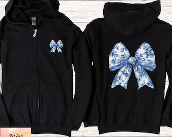 Zip Hoodie Coquette Bow for Women, Gift for Girlfriend, Gift for Her, Front and Back Print, Coquette Hooded Sweater Toille, Girly Hoodie