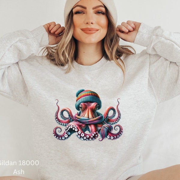 Unique Octopus Art T-Shirt, Cute Octopus Sweatshirt, Octopus Art Sweatshirt, Octopus Wearing Beanie and Scarf Shirt, Cute Kraken Sweatshirt