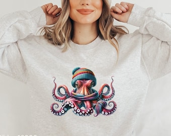 Unique Octopus Art T-Shirt, Cute Octopus Sweatshirt, Octopus Art Sweatshirt, Octopus Wearing Beanie and Scarf Shirt, Cute Kraken Sweatshirt
