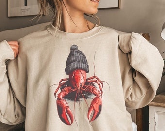 Lobster Sweatshirt, Funny Lobster With Beanie Sweater, Lobster Crewneck for Animal Lovers, Gift for Him and Her, Beach Pullover
