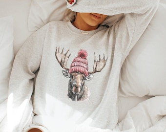 Cozy Moose Sweatshirt for Women, Cute Moose Print Long Sleeve Top, Trendy Animal Graphic Pullover, Comfy Winter Wear