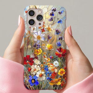 Wildflowers Stained Glass Phone Case, Faux Stained Glass Tough Case, Colorful Floral Design Trendy Flower iPhone 16 15 14 13 12 Pro Max Plus