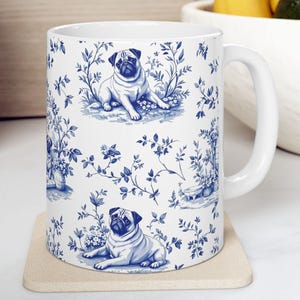 Pug Dog Blue Toile de Jouy Mug - Chinoiserie Coffee Cup Gift for Dog Mom Dad, Pet Memorial Chinoiserie Ceramic Tea Cup, 11oz & 15oz