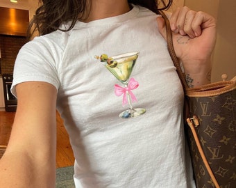 Coquette Martini Glass Tee, Y2K Aesthetic, Pink Bow, Cute Cocktail Shirt, Trendy Vintage Style, Martini Cocktail With a Bow Baby Tee