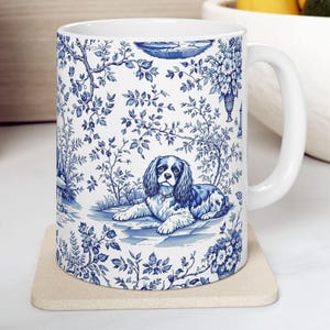 Cavalier King Charles Spaniel Dog, Blue Toile de Jouy Mug -  Gift for Dog Lovers Chinoiserie Ceramic Tea Cup, 11oz & 15oz