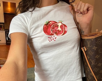 Y2K 90s Baby Tee Watercolor Pomegranate Design, Vintage Style Graphic T-Shirt, Aesthetic Fruit Print Top, Retro Casual Wear