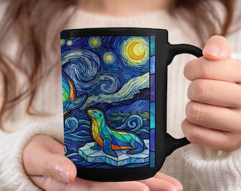 Seal Faux Stained Glass Mug, Sea Lion Starry Night Coffee Mug, Artistic Cup