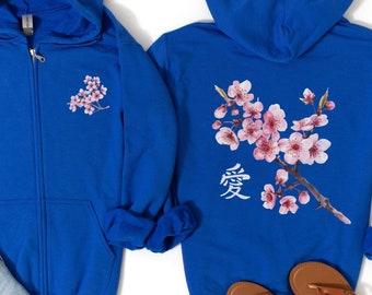Japanese Cherry Blossom Zip Hoodie, Sakura Hoodie, Japanese