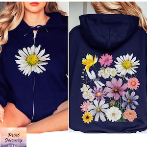 Floral Zip Hoodie, Wildblumen Kapuzen-Sweatshirt, Blumen-Liebhaber-Geschenk, Geschenk für Mutter, Freundin Geschenk, trendiger übergroßer Blumenpullover