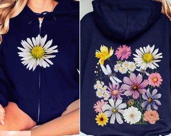 Pressed Flowers Zip Hoodie Full Zip Cottagecore Autumn Floral