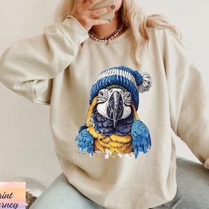 Macaw Sweatshirt, Parrot Crewneck Sweater, Bird Sweatshirt, Winter Hat Parrot, Cute Bird, Funny Animal Sweatshirt, Animal Lover, Unique Gift