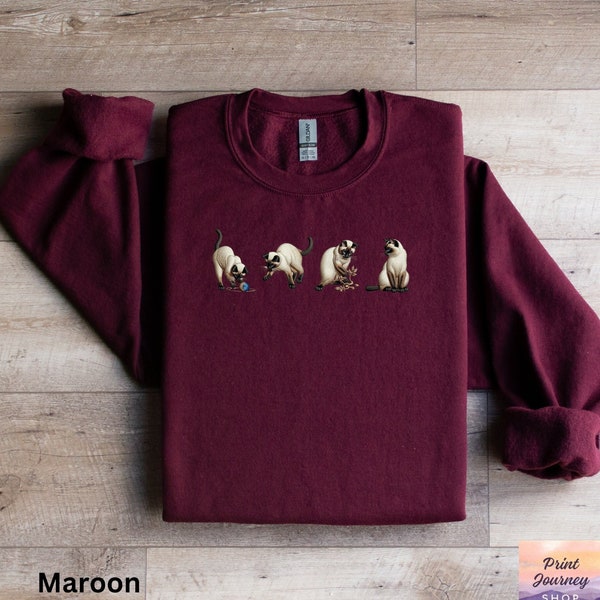 Cat Embroidery Style Shirt Sweatshirt, Siamese Cat Tee, Cat Lovers T-Shirt, Playful Kitten Top, Funny Siamese Cat Sweater, Cute Siamese Cat