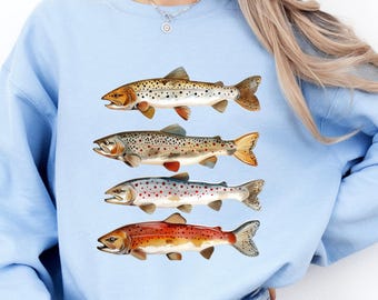 Trout Sweatshirt, Fishing Lover Gift, Fisherman Sweater, Fish Art, Animal Sweatshirt, Vintage Style, Unisex Outdoor Apparel