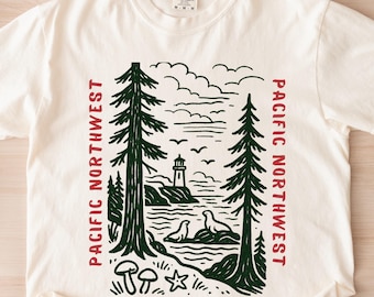 Pacific Northwest T-Shirt, Coastal Lighthouse Design, Travel Vacation Shirt, Nature Lover Gift, PNW T Shirt, Oregon Washington Coast Tee