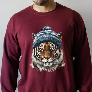 Tiger Sweatshirt, Winter Animal Sweatshirt, Cute Tiger With Hat Sweatshirt, Crewneck for Animal Lover Sweatshirt for Skiing Hiking Camping