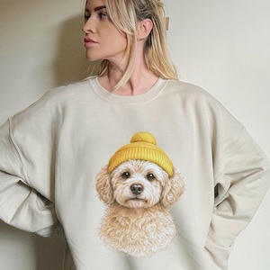 Maltipoo Sweatshirt, Funny Dog in Beanie, Pet Lover Crewneck Adults & Kids