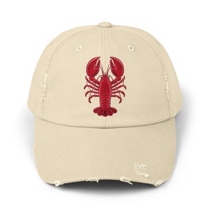 Red Lobster Distressed Baseball Cap, Faux Embroidery Lobster Hat, Vintage Style 100 Cotton Unisex Trucker Hat for Men and Women