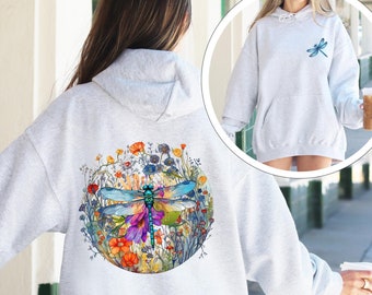 Dragonfly Wildflower Hoodie Front and Back Print, Gift for Insect Lovers, Flower Lover Gift, Hooded Sweatshirt