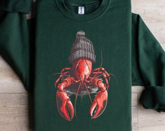 Lobster Sweatshirt, Funny Lobster With Beanie Sweater, Lobster Crewneck for Animal Lovers, Gift for Him and Her, Beach Pullover