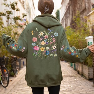 Sleeve Print Wildflowers Hoodie, Boho Cottagecore Floral Hoodie, Botanical Flowers Hooded Sweatshirt, Nature Pullover, Gift for Mom