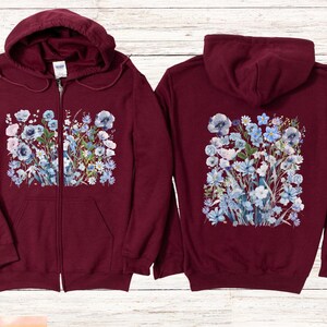 Vintage Gepresste Blumen Kapuzen-Sweatshirt, Boho Cottagecore Pastell Botanischer Blumen Pullover, Fairycore Wildblumen Rundhals Zip Hoodie