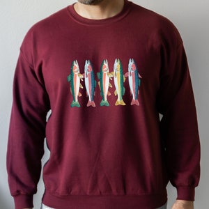 Abstract Colorful Trout In A Row Sweatshirt, River Fish Trout Salmon Sweater, Unisex Fly Fishing Gift, Trendy Oversized Crewneck Sweatshirt