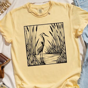 Heron Shirt, Linocut Shirt, Great Blue Heron Bird Lover Shirt, Hippy Clothes, Granola Girl Apparel, Avian Aviary Gift, Block Print Shirt