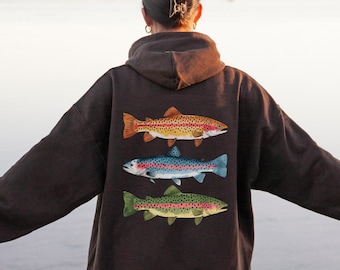 Unisex Trout Fishing Hoodie, Hooded Sweatshirt for Anglers, Fishing Dad Gift Idea, Fly Fishing Outdoors Nature Apparel