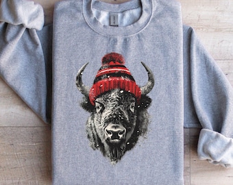 Buffalo Sweatshirt, Funny Bison with Wool Cap, Cute Animal Design Sweater, Bison Winter Outfit, Unisex Crewneck Pullover, Bison Lover Gift
