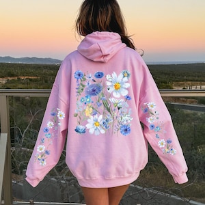 Wildflowers Hoodie, Boho Cottagecore Floral Hoodie, Botanical Flowers Hooded Sweatshirt, Mom Gift, Gift for Gardener, Botanical Print Sleeve
