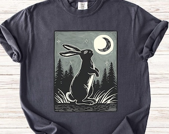 Cute Rabbit Moon Star T-Shirt, Forest Animal Tee, Nature Lover Gift, Linocut Bunny Shirt, Garden and Nature Clothing, Hiking Camping