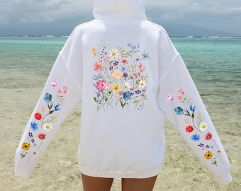 Wildflowers Hoodie, Boho Cottagecore Floral Hoodie, Botanical Flowers Hooded Sweatshirt, Nature Pullover, Flower Lover Gift, Printed Sleeves