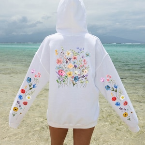 Wildflowers Hoodie, Boho Cottagecore Floral Hoodie, Botanical Flowers Hooded Sweatshirt, Nature Pullover, Flower Lover Gift, Printed Sleeves