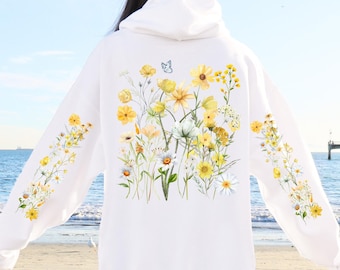 Wildflowers Hoodie, Boho Cottagecore Floral Hoodie, Botanical Flowers Hooded Sweatshirt, Nature Pullover, Flower Lover Gift, Printed Sleeves