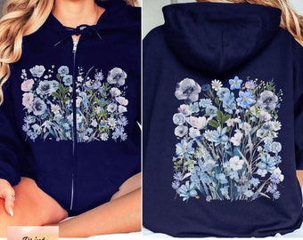 Vintage Pressed Wildflower Zip Hoodie, Pastel Botanical Floral Sweater, Chic Cottagecore Garden Pullover, Fairycore Wildflowers Hoodie Gift