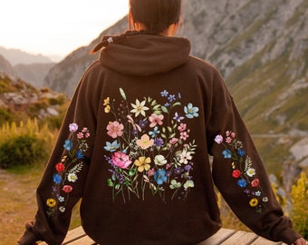 Wildflowers Hoodie, Boho Cottagecore Floral Hoodie, Botanical Flowers Hooded Sweatshirt, Nature Pullover, Flower Lover Gift, Printed Sleeves