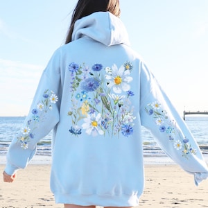 Wildflowers Hoodie, Boho Cottagecore Floral Hoodie, Botanical Flowers Hooded Sweatshirt, Nature Pullover, Flower Lover Gift, Printed Sleeves
