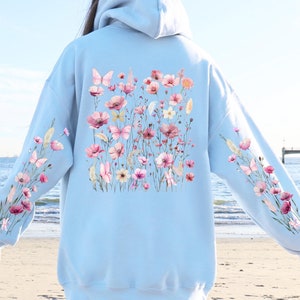 Wildflowers Hoodie, Boho Cottagecore Floral Hoodie, Botanical Flowers Hooded Sweatshirt, Nature Pullover, Flower Lover Gift, Printed Sleeves