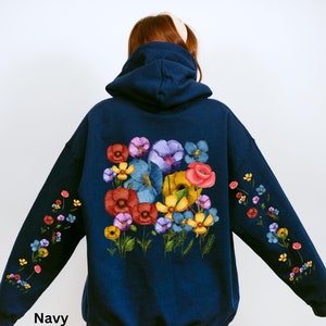 Wildflowers Hoodie, Boho Cottagecore Floral Hoodie, Botanical Poppy Flowers Hooded Sweatshirt, Nature Pullover, Printed Sleeves
