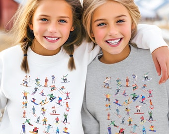 Kids Skiing Snowboarding Sweatshirt, Youth Fun Sportswear, Teen Sweatshirt, Winter Sports Crewneck, Ski Enthusiast Apparel, Winter Vacation